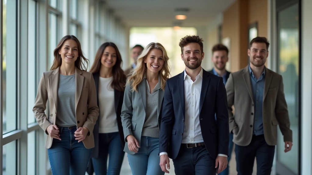 Teamleden lopen samen na succesvolle vergadering, positieve lichaamstaal, collegialiteit en wederzijds respect, modern kantoor