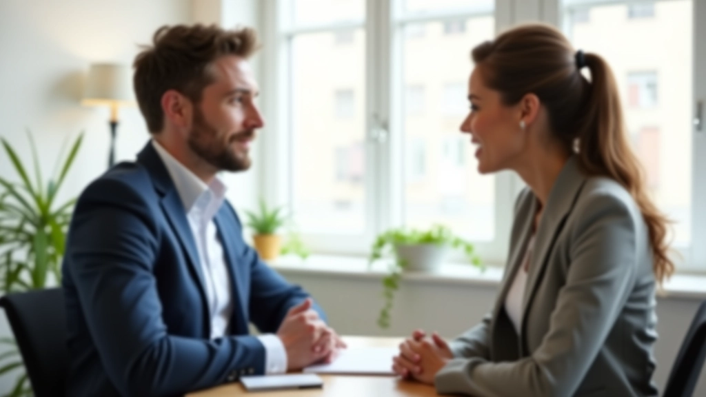 Twee mensen in gesprek, open houding, actief luisteren, oogcontact, professionele setting