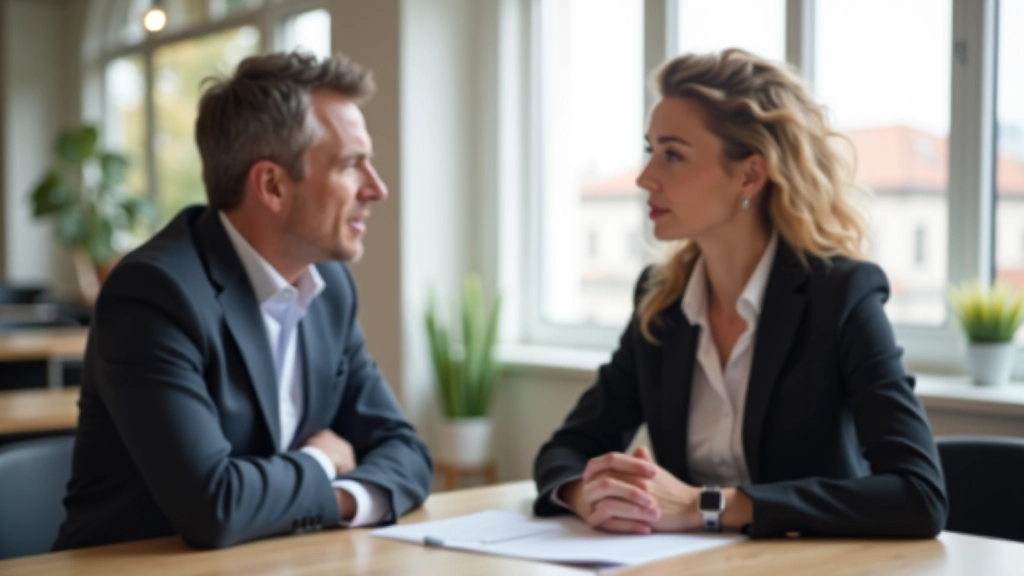 Twee professionals in kantoor, in gesprek aan tafel, open lichaamstaal, goed contact