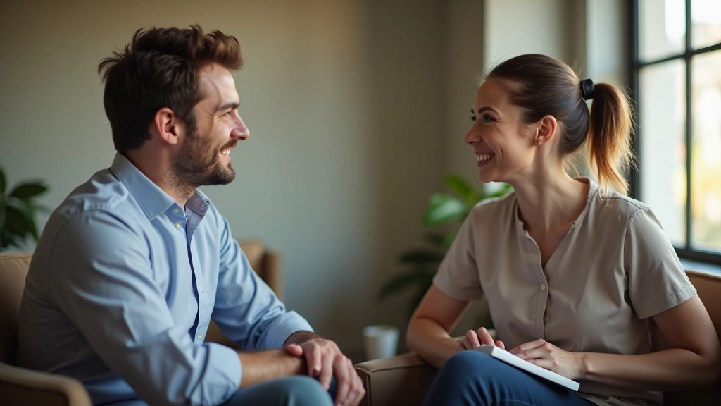 Man en vrouw in gesprek in een informele kantooromgeving, beide rustig en openhartig, natuurlijke lichaamstaal