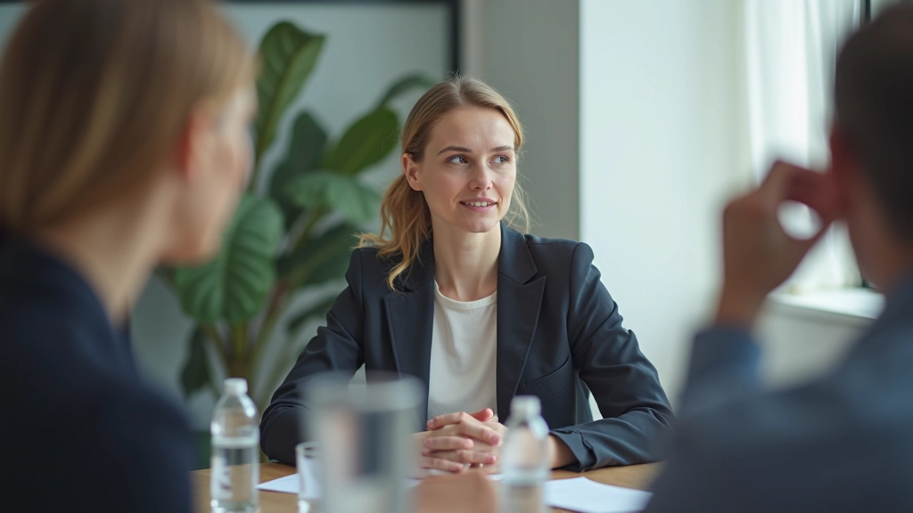 Close-up van iemand die zelfverzekerd spreekt in een vergaderruimte, met een kalme, open lichaamstaal