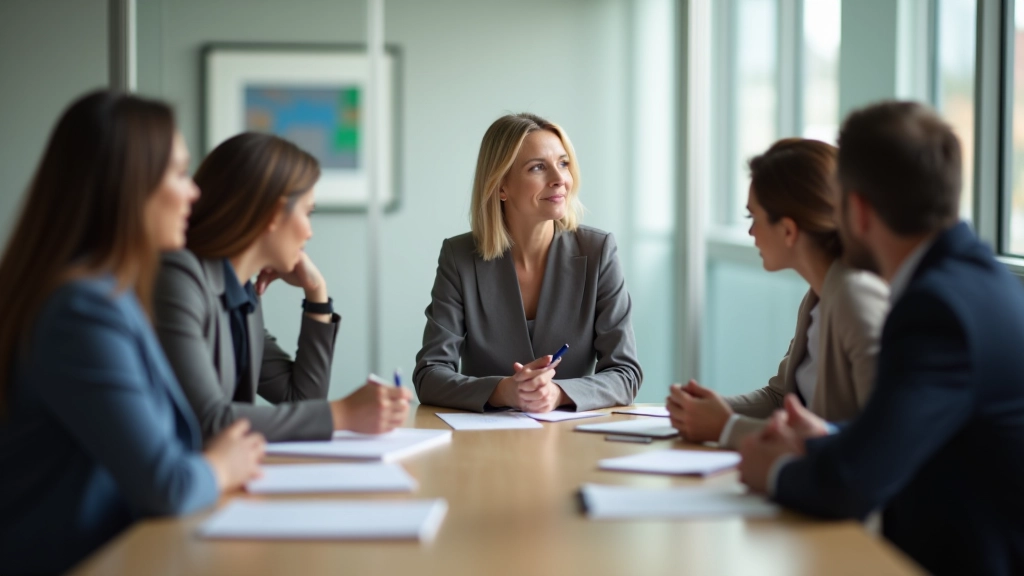 Teamleider noteert tijdens vergadering terwijl teamleden oplettend luisteren, diverse groep, professionele vergaderruimte, moderne inrichting