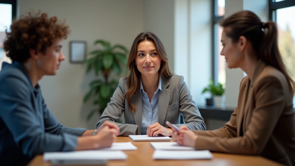 Drie mensen in discussie rond een tafel met notitieblokken, diverse achtergronden, respectvolle lichaamshouding