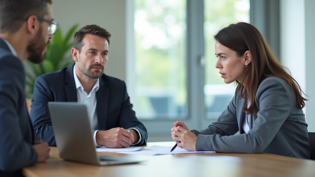 Twee professionals in gesprek aan een conferentietafel, met laptops en notitieblokken, ernstig en gefocust