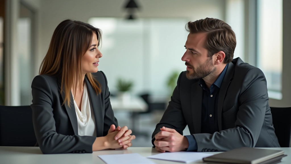 Twee professionele collega's in serieus gesprek aan een kantoorbureau, open body language, respectvolle sfeer, kantoor achtergrond
