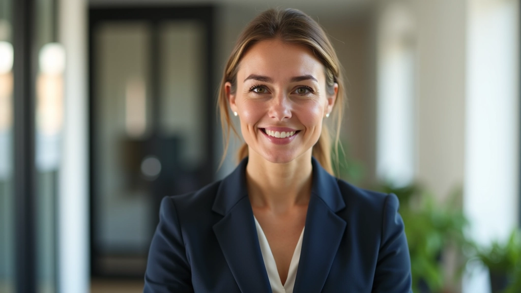 Professionele vrouw in gesprek met zelfverzekerde houding, kantoor achtergrond, scherpe focus