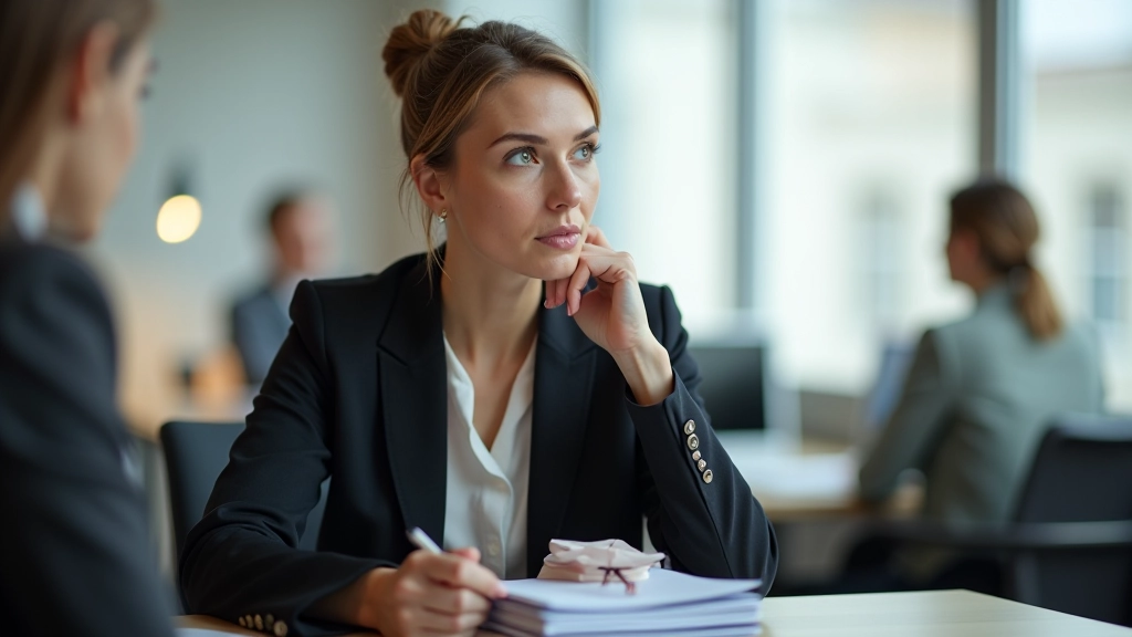 Vrouw luistert intens met volle aandacht, notities makend, oogcontact met spreker, kantoor setting, concentratie en respect