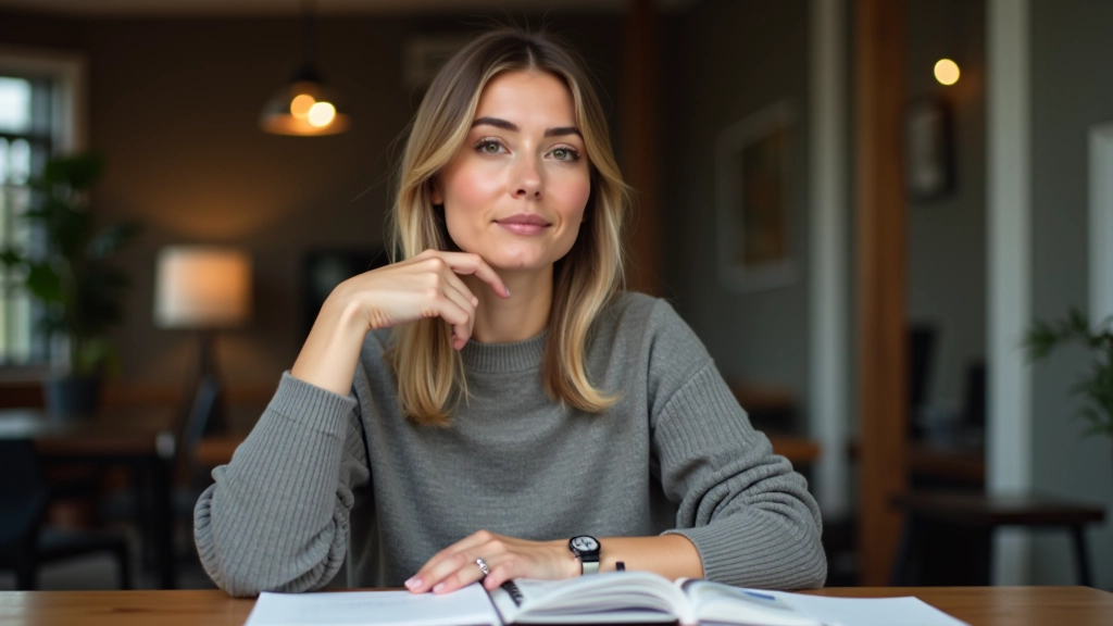 Persoon aan bureau met notitieblok, in diepe gedachte, voorbereiding, serene sfeer, natuurlijk licht