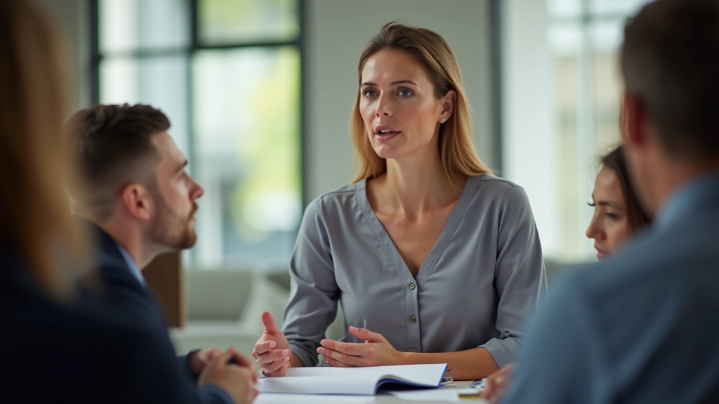 Vrouw spreekt met zelfvertrouwen in een vergadering, anderen luisteren aandachtig